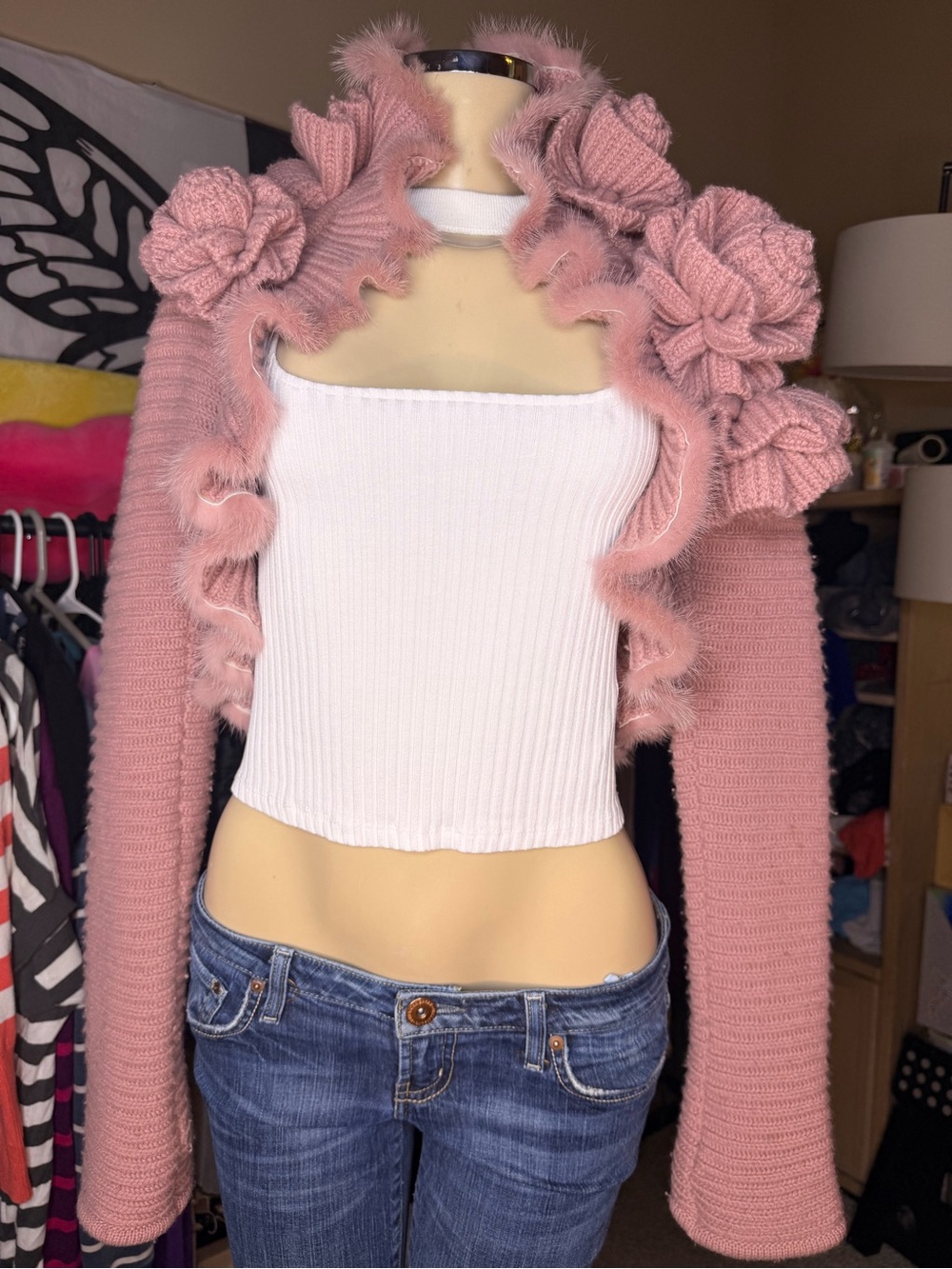 Roberto Cavalli Pink Knit Shrug Fur Trim Flower Cardigan IT 44